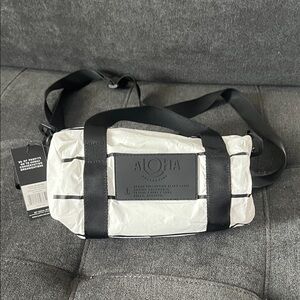 NWT ALOHA Collection Pinstripe Mini Duffle in black/white.